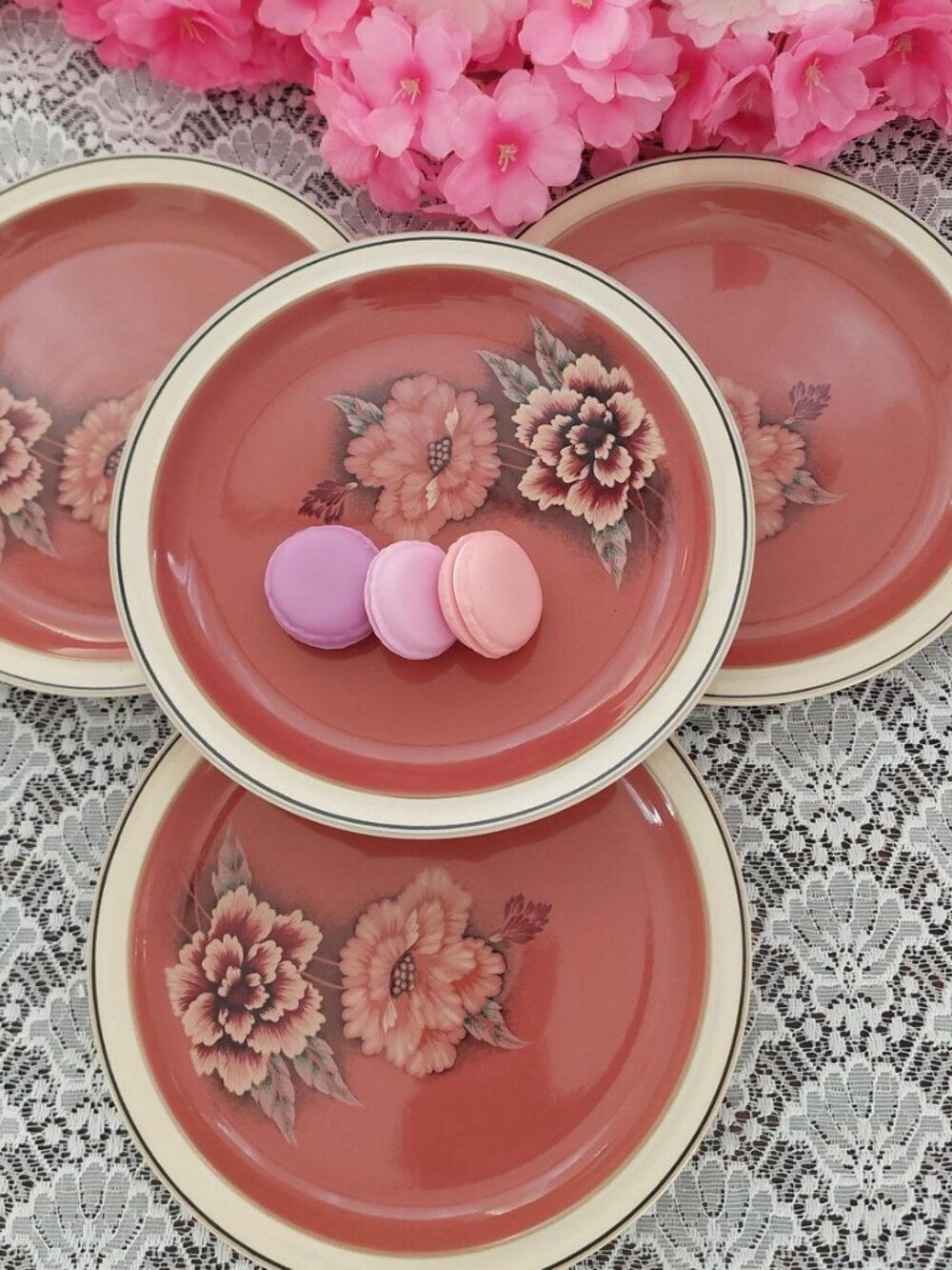 Vintage Denby England Damask Pink Stoneware Salad Plates x4 - Picture 2 of 10